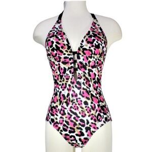 Swimsuit One Piece Caged Front Tie Back Pink Animal Print Women's Size Med